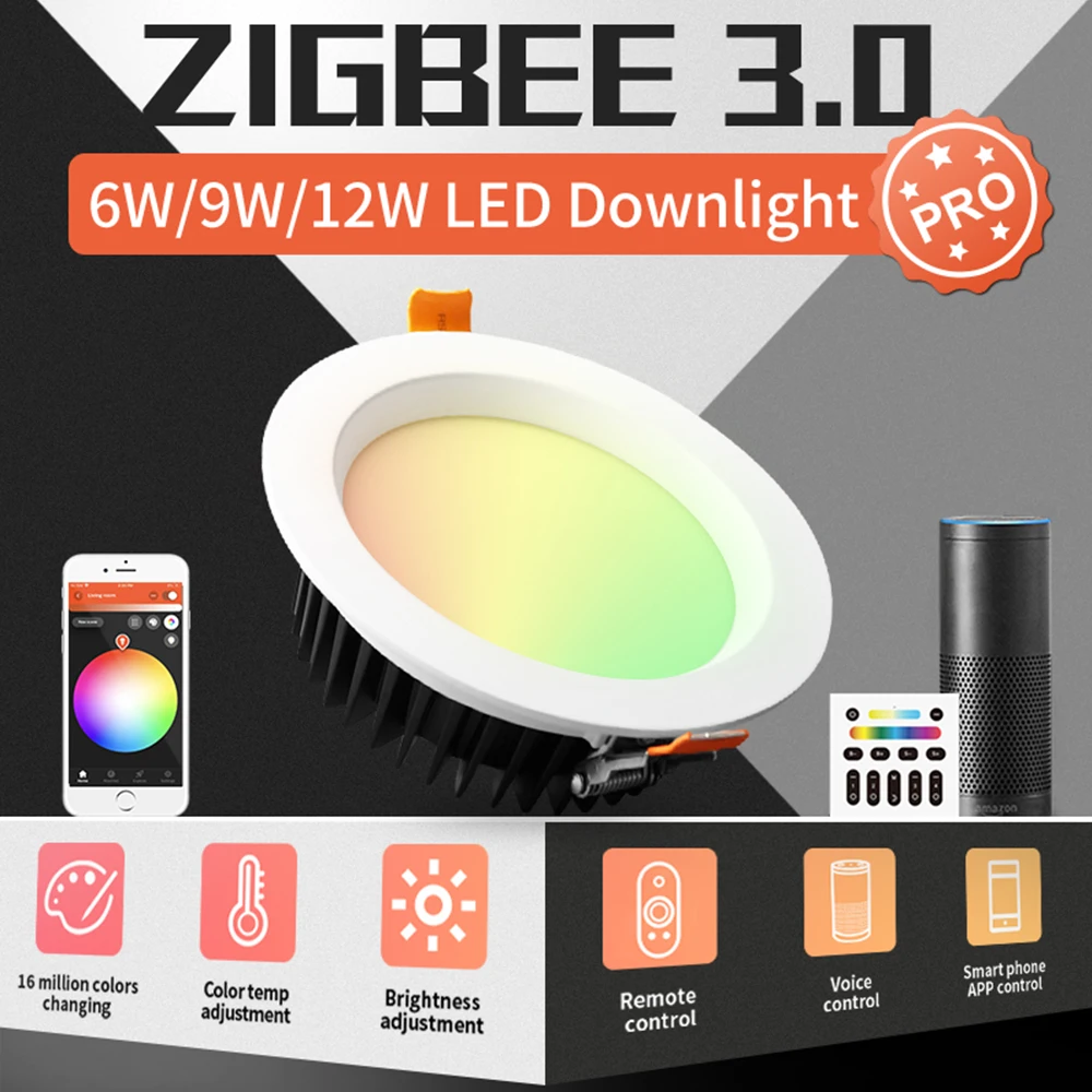 

GLEDOPTO ZigBee 3.0 Smart Ceiling Downlight Pro RGBCCT 6W/9W/12W work with Alexa Echo Plus SmartThings App/Voice/Remote Control