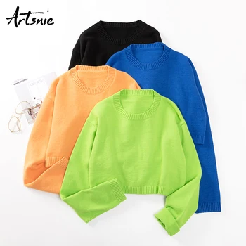 

Artsnie casual cropped sweater women winter 2019 o neck long sleeve pull femme hiver streetwear knitted crop sweaters jumper