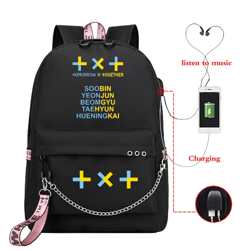 Фото Рюкзак для ноутбука с USB-зарядкой рюкзак книг Kpop TXT женский SOOBIN YEONJUN школьные сумки