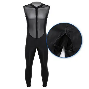 Black Men Leather and Mesh Catsuit Jumpsuit See Through Top Open Crotch Zipper Sleeveless Wet Look Bodysuit Gay Fetish Costume