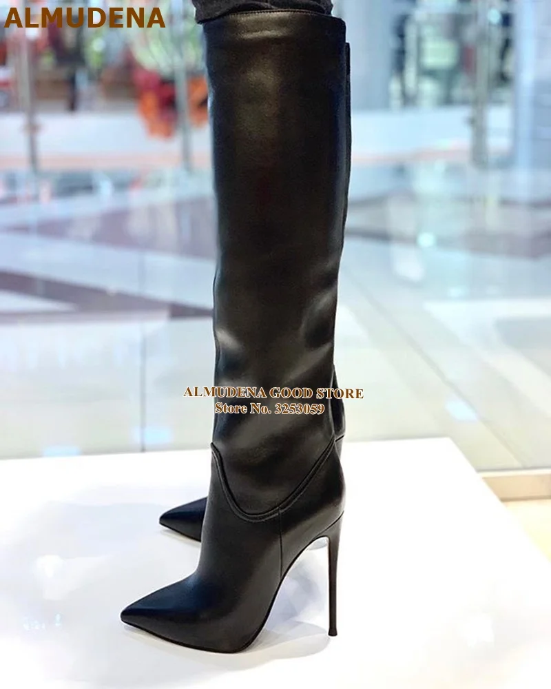 

ALMUDENA Black Matte Leather Knee High Boots Stiletto Heels Slim Fit Long Boots Women Tall Boots Gladiator Dress Shoes Dropship
