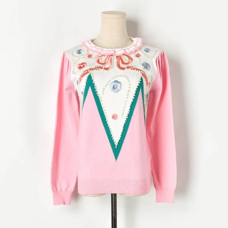 2019 Autumn Winter Pink women Pullovers Sweet Ruffles Neck Casual Runway Designer Knitted Female Sweater Beading Pullover
2019 Autumn Winter Pink women Pullovers Sweet Ruffles Neck Casual Runway Designer Knitted Female Sweater Beading Pullover