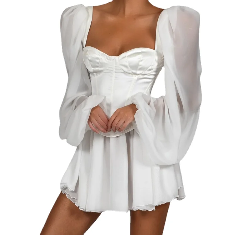 

2021 Ladies Sexy White Strapless Dress Long Sleeve Party Tight-Fit Lantern OL Temperament Slim Chiffon Dresses