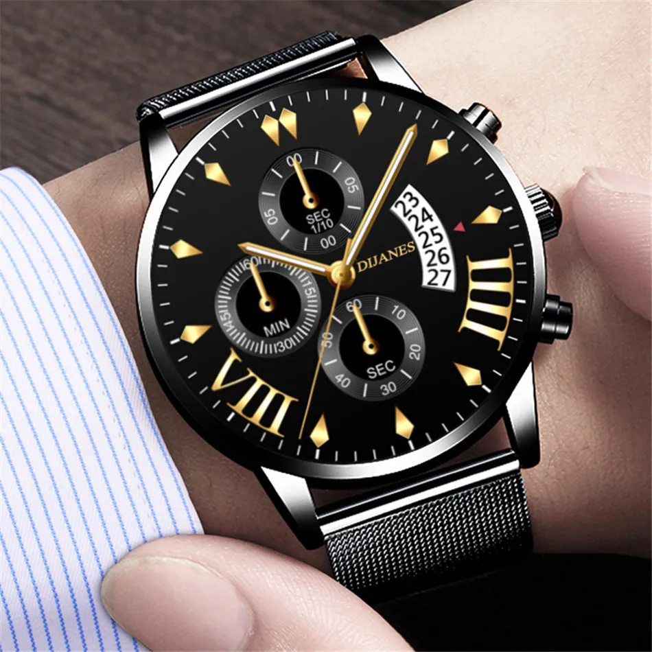 Classic Business Men Watch Fashion Luxury watches stainless Steel mesh calendar Date Gold Quartz Wristwatch relogio feminino