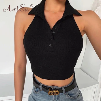 ArtSu Sexy Solid Tank Top Backless Halter Summer Women Turn Down Collar Slim Casual Rib Knit Crop Top Streetwear Black White
ArtSu Sexy Solid Tank Top Backless Halter Summer Women Turn Down Collar Slim Casual Rib Knit Crop Top Streetwear Black White