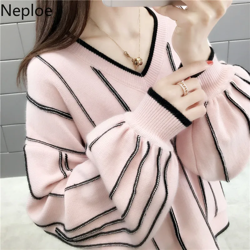 Женский вязаный свитер Neploe Свободный пуловер в полоску с V-образным вырезом