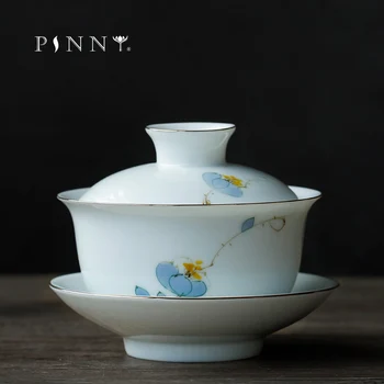 

PINNY 160ml Handpainted Plum Blossom Gaiwan Traditional Chinese White Porcelain Tea Tureen Chinese Kung Fu Tea Set Drinkware