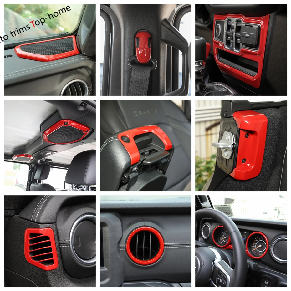 

Yimaautotrims Red Interior Refit Kit For Jeep Wrangler JL 2018 - 2022 Armrest Box / Dashboard / Air AC / Head Lamps Cover Trim