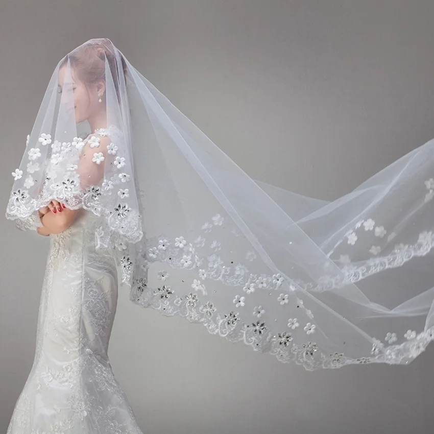 Фата свадебная длинная из тюля белый винтажный тюль для невесты с кристаллами