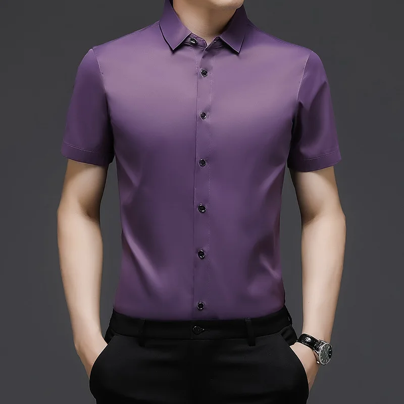 

2021 Spring Autumn New Lapel Temperament Shirts Men Solid Color Short Sleeve Buttons Shirts for Male Business Casual Men Shirts