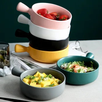 

650ML Nordic Solid Round Ceramic Plate Heat-resistant Handle Baking Tray Porcelain Breakfast Fruit Salad Plate Cake Dessert Dish