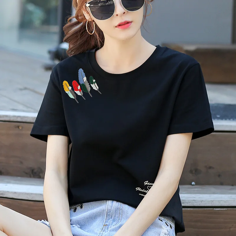 2020 new cotton short-sleeved loose casual women's color feather print pattern t-shirt black
2020 new cotton short-sleeved loose casual women's color feather print pattern t-shirt black