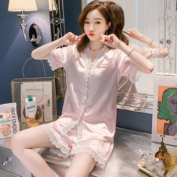 2pcs Women Sleepwear for Summer Short Ice Silk lace Pajamas Sets 2020 Girl Print Pyjama Set Women Nightshirt Sets Sexy Home Wear
2pcs Women Sleepwear for Summer Short Ice Silk lace Pajamas Sets 2020 Girl Print Pyjama Set Women Nightshirt Sets Sexy Home Wear