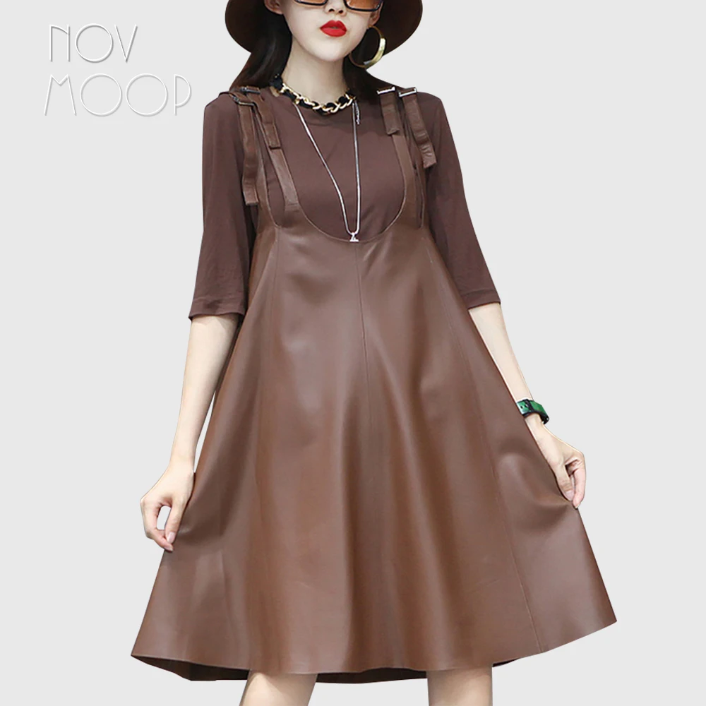 

Novmoop designer double strip genuine leather women flare dress sweet A line style Robe en cuir LT3458