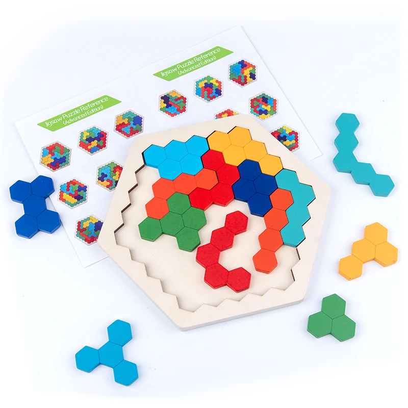 

Wooden Jigsaw Puzzle IQ Game Intelligent Tangram Brain Teaser Desktop Educational Geometry Children Hexagon Kid Adult Toy Gifts