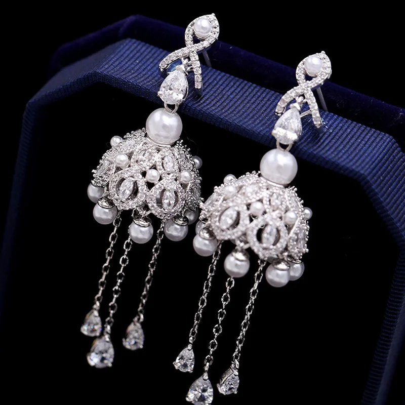 

Zlxgirl jewelry women's fashion wedding stud earrings bijoux water drop shape zirconia copper bridal ears pearl earings brincos