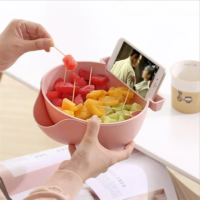 Multifunction Plastic Fruit Snack Bowl With Mobile Phone Holder Double Layer Drain Basket Fruit Drain Nuts Storage Basket
Multifunction Plastic Fruit Snack Bowl With Mobile Phone Holder Double Layer Drain Basket Fruit Drain Nuts Storage Basket