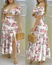 

Floral Print Maxi Skirt Sets Women 2021 Summer Holiday O-Ring Short Sleeve Crop Top Casual Frill Hem Shirred Slit High Waist set