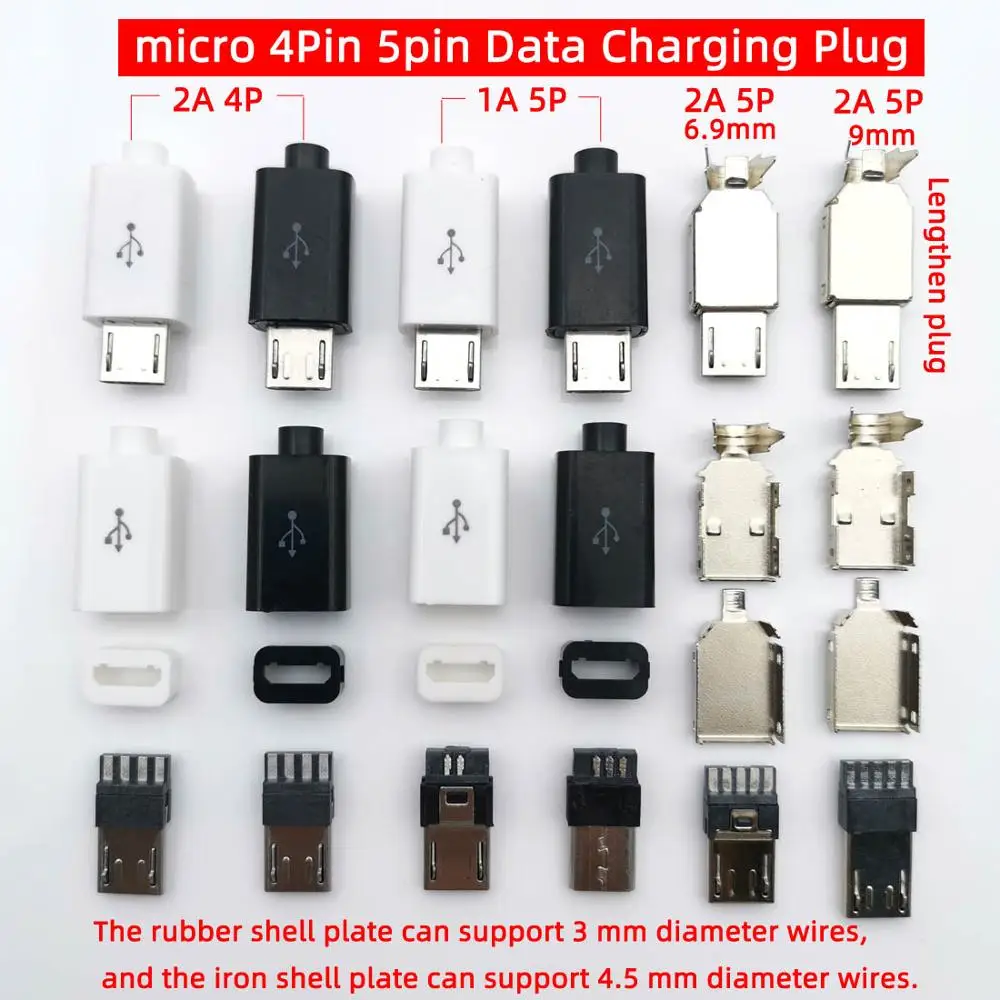 10sets Welding wire type 4Pin 5PIN 1A/2A large current DIY Micro USB Male Plug Connectors Connector Kit w/ Covers OTG plug
10sets Welding wire type 4Pin 5PIN 1A/2A large current DIY Micro USB Male Plug Connectors Connector Kit w/ Covers OTG plug
