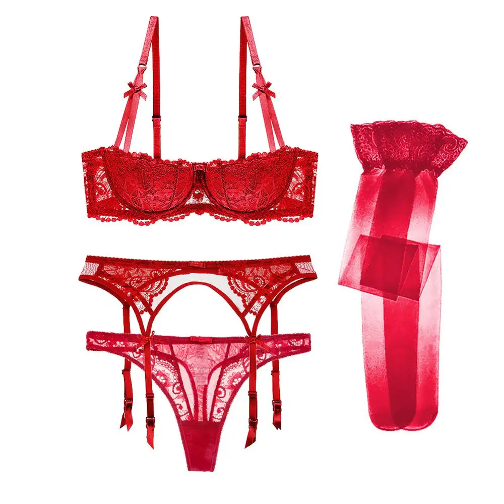 

Classic Chinese Red Christmas Red Sexy Fashion Half Cup Push Up Underwear Set Ladies Lace Underwire Bra+Garter+Thong+Stockings