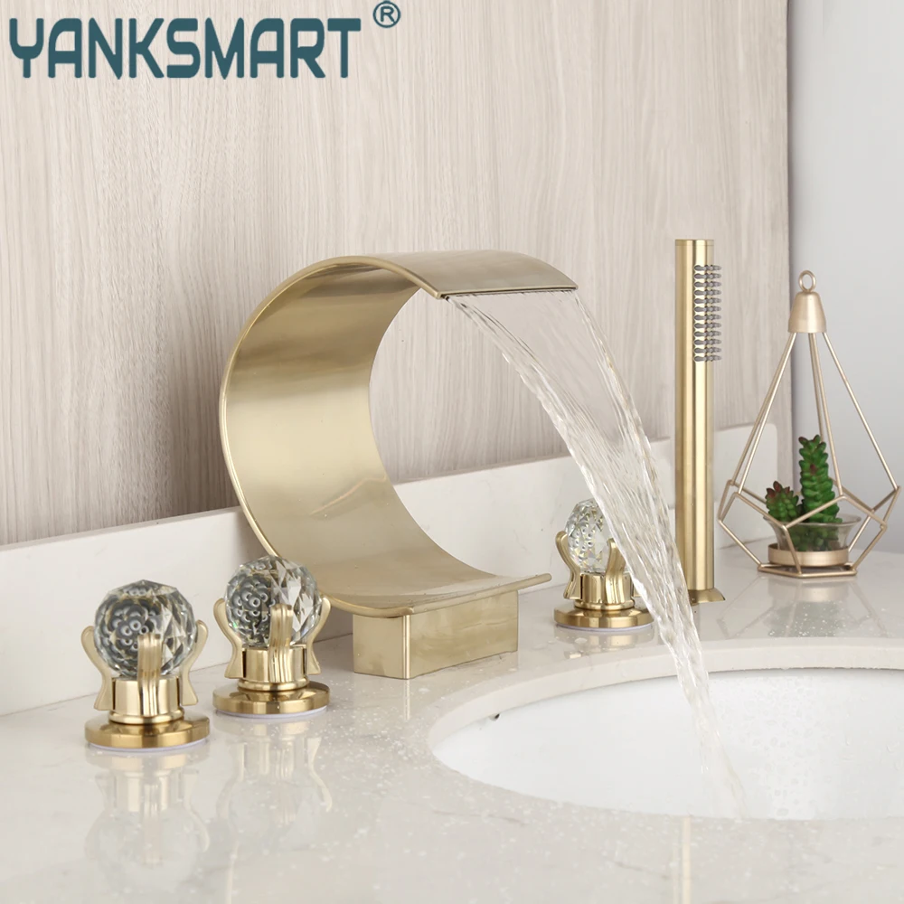 

YANKSMART 5 Pcs Brushed Gold Bathtub Shower Faucet Set Double Handles Control Deck Mount Waterfall Basin Faucet Mixer Water Tap