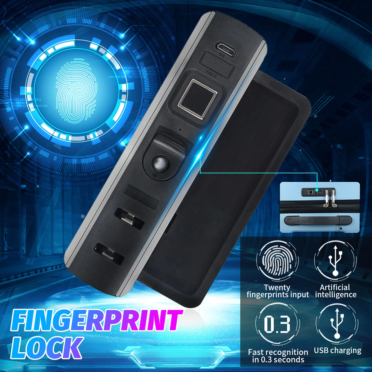 Portable Luggage Fingerprint Lock Tie-rod Box Luggage Suitcase Backpack Embedded Lock Black Rechargeable Luggage Lock for Travel
Portable Luggage Fingerprint Lock Tie-rod Box Luggage Suitcase Backpack Embedded Lock Black Rechargeable Luggage Lock for Travel