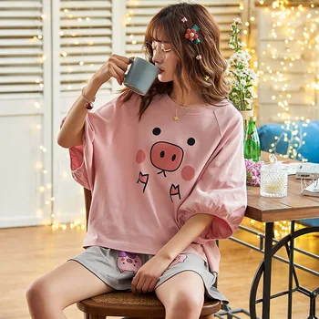 Summer Pajamas For Women Cotton Night Suits Ladies Pajamas Cartoon Cute Pink Short Sleeve Casual sleep tops Shorts Pijamas 
Summer Pajamas For Women Cotton Night Suits Ladies Pajamas Cartoon Cute Pink Short Sleeve Casual sleep tops Shorts Pijamas