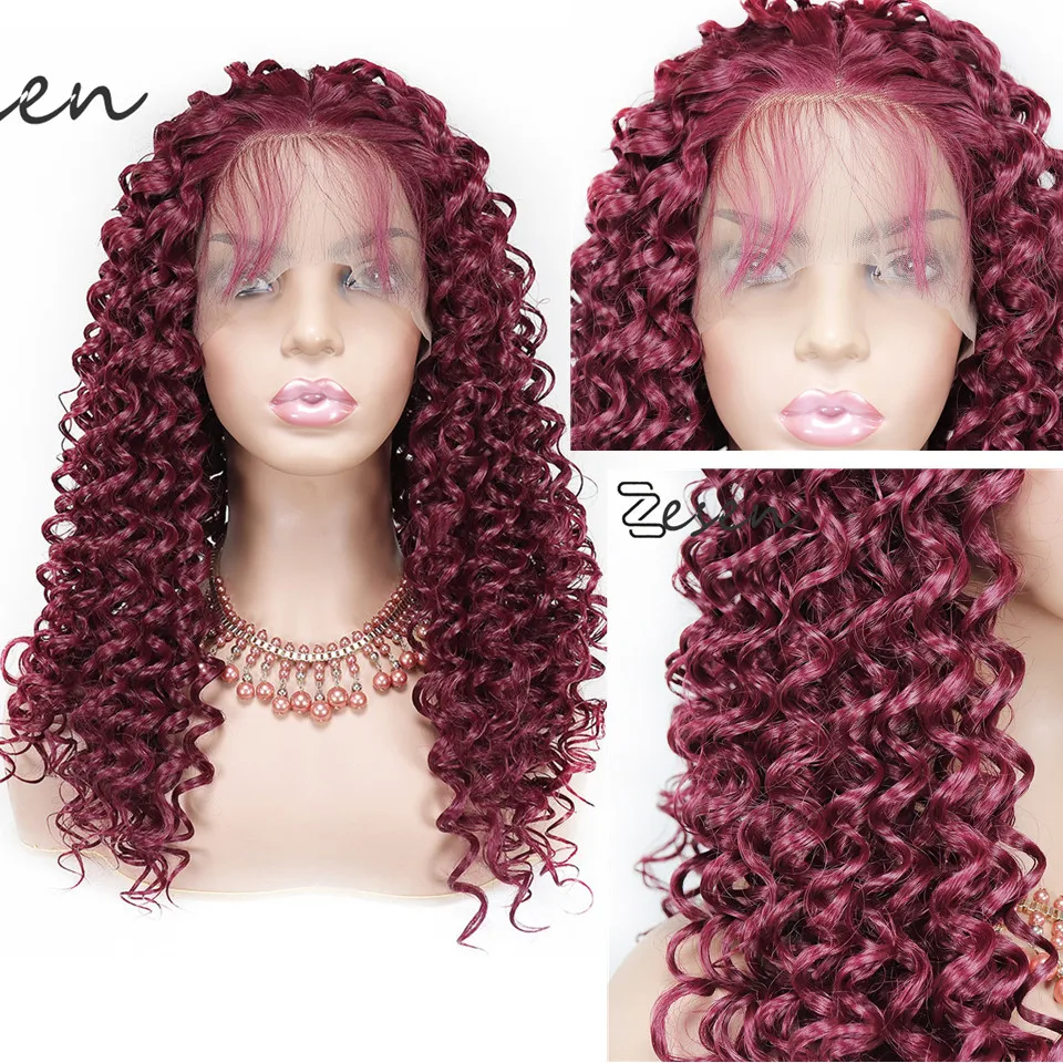 ZESEN 13x4 Synthetic Lace Front Wig 99j Dark Wine Colored Deep Wave Wigs free Part Hair for Women | Шиньоны и парики