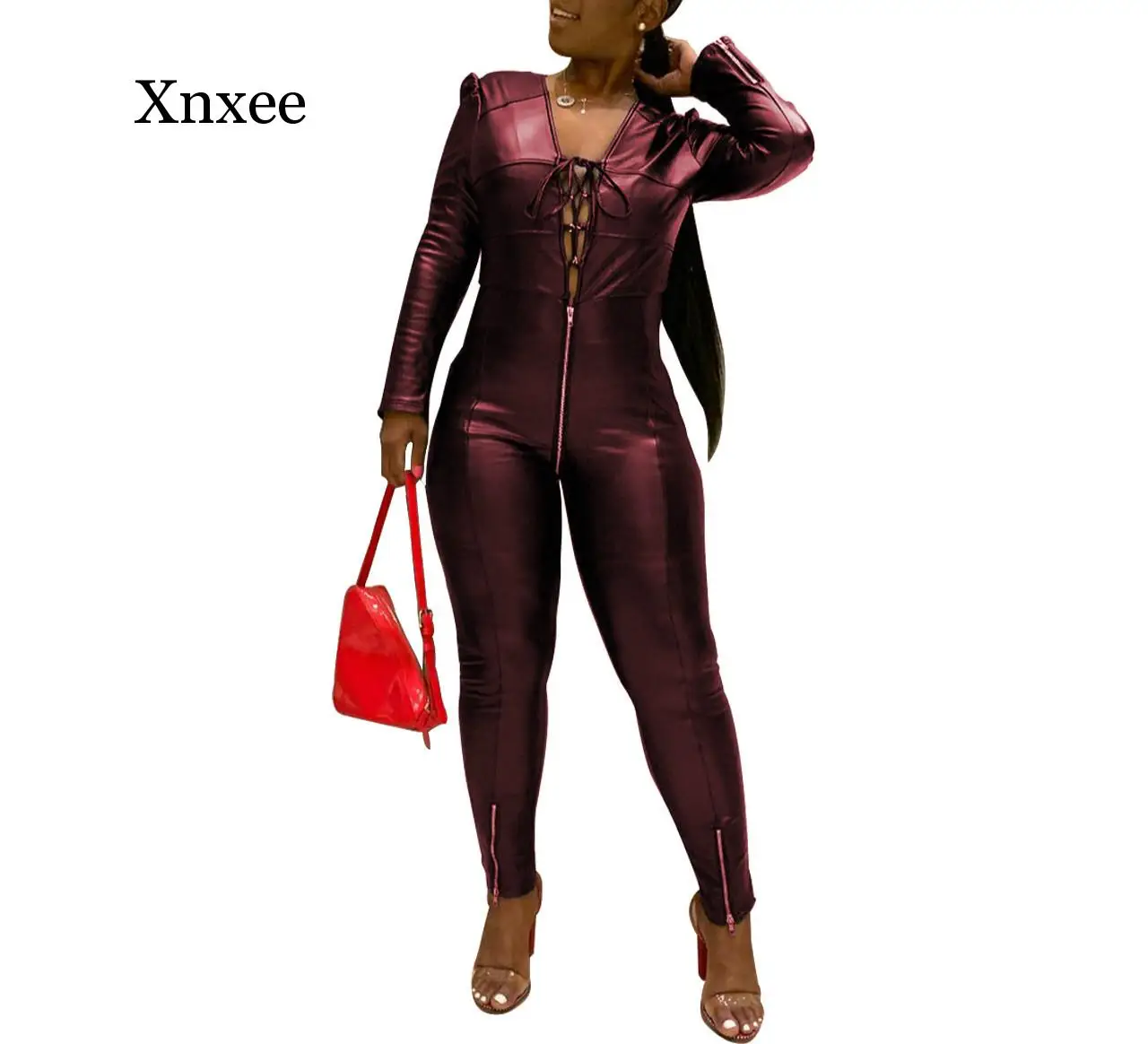 Sexy Women V-neck Long Sleeve Bodycon Leather Zipper Party Jumpsuit Lace Up Autumn Solid Leather Club Jumpsuit
Sexy Women V-neck Long Sleeve Bodycon Leather Zipper Party Jumpsuit Lace Up Autumn Solid Leather Club Jumpsuit