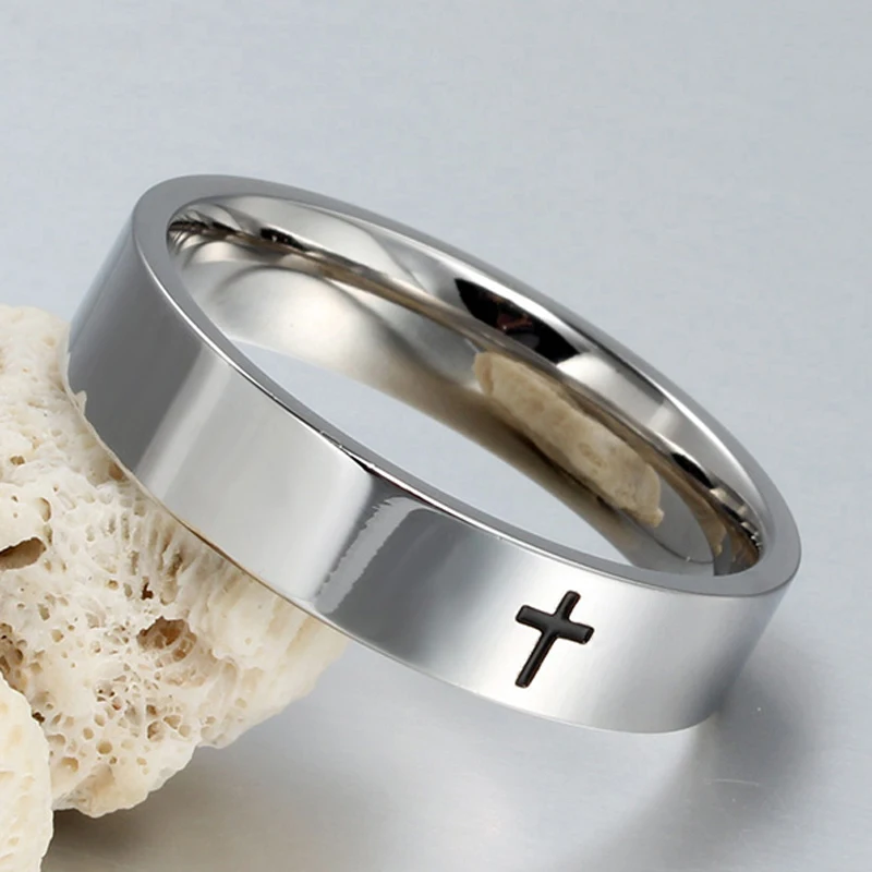 Фото 6 мм кольцо с крестом из нержавеющей стали христианский Иисус Христа молитва для