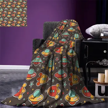 

Space Warm Blanket Outer Space Elements Rockets UFO and Crafts Stars Heavenly Bodies Funny Alien Cartoon Print Artwork Image