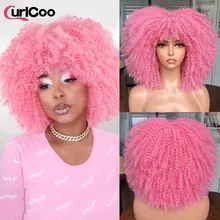 

14" Afro Kinky Curly Wigs With Bangs For Black Women Cosplay Lolita Natural Hair Synthetic Ombre Glueless Blonde blackpink Wig