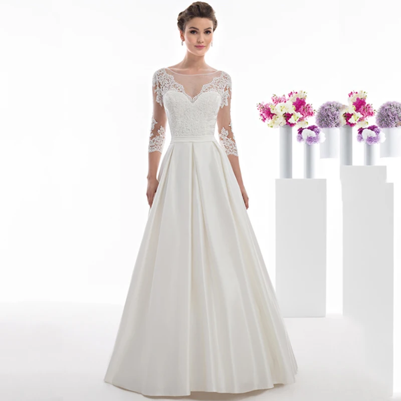 Hree Quarter Satin Scoop Sweep Train Floor-length Button A-line Cap Sleeve Lace Vestido De Noiva Plus Size Wedding Dress 2019 
Hree Quarter Satin Scoop Sweep Train Floor-length Button A-line Cap Sleeve Lace Vestido De Noiva Plus Size Wedding Dress 2019