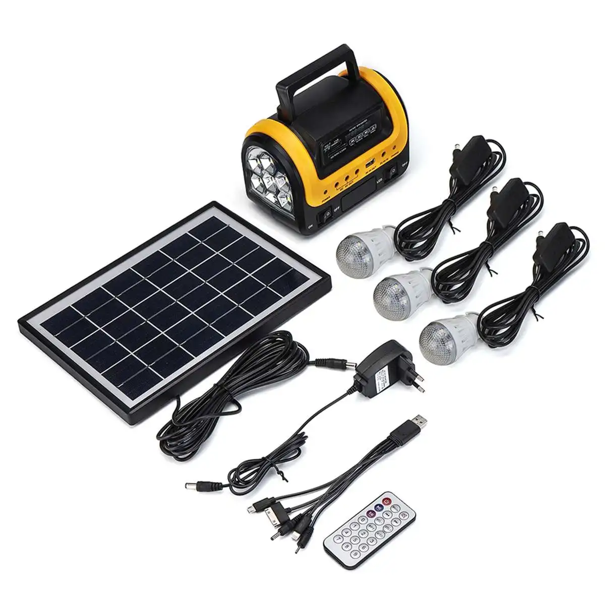 MP3 Flashlight USB Charger 3 LED Bulbs Outdoor Emergency Power Portable Solar Panel Power Generator LED Lighting System Kit
MP3 Flashlight USB Charger 3 LED Bulbs Outdoor Emergency Power Portable Solar Panel Power Generator LED Lighting System Kit