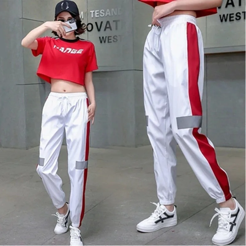 

2019 Women Neon Streetwear Outfits Cargo Trousers Loose Hight Waist Flash Reflective Patchwork Jogger Pants