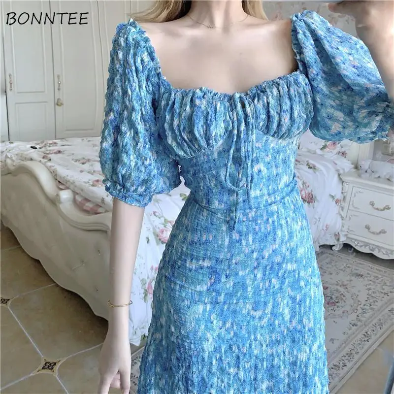 

Dress Women Short Puff Sleeves Square Collar Sexy Print Tunic Elegant Stylish Summer Blue Slim Ankle Length Fairy Gentle Holiday