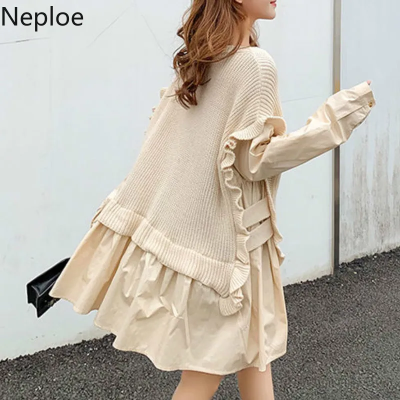 Neploe Fashion Knit Sweaters Dress Women Fake Two Piece Pullover Autumn Patchwork Ruffles Sweater Korean Tops 2022 Loose Clothes | Женская
