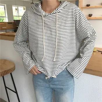 Women Striped Hoodded Tops Simple Loose Autumn Long Sleeve Sweatshirts Casual Black White Pullovers Tops 
Women Striped Hoodded Tops Simple Loose Autumn Long Sleeve Sweatshirts Casual Black White Pullovers Tops
