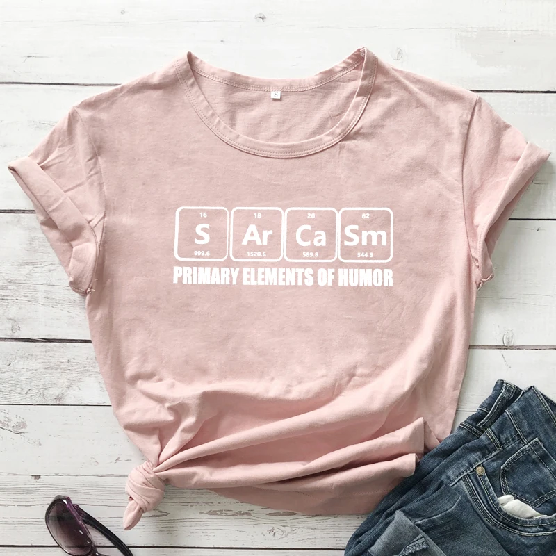 

Sarcasm Primary Elements Of Humor T-shirt Casual Summer Crewneck Periodic Table Print Tees Tops Men Women Graphic Funny Tshirt