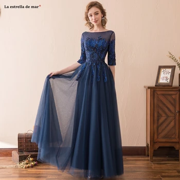 Navy blue bridesmaid dress tulle sequins half sleeve ALine elegant wedding party gowns plus size robe mariage long boda vestido 
Navy blue bridesmaid dress tulle sequins half sleeve ALine elegant wedding party gowns plus size robe mariage long boda vestido