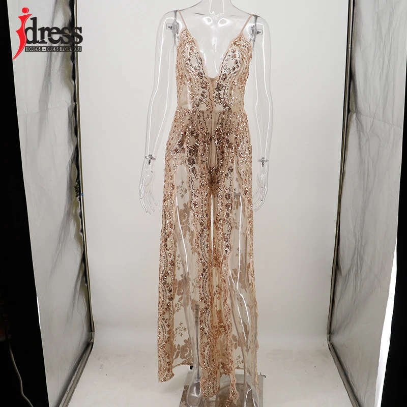 IDress Sequin Summer Long Dress Party Robe De Soiree Spaghetti Strap V Neck Sleeveless Bodycon Night Long Evening Party Dresses (2)