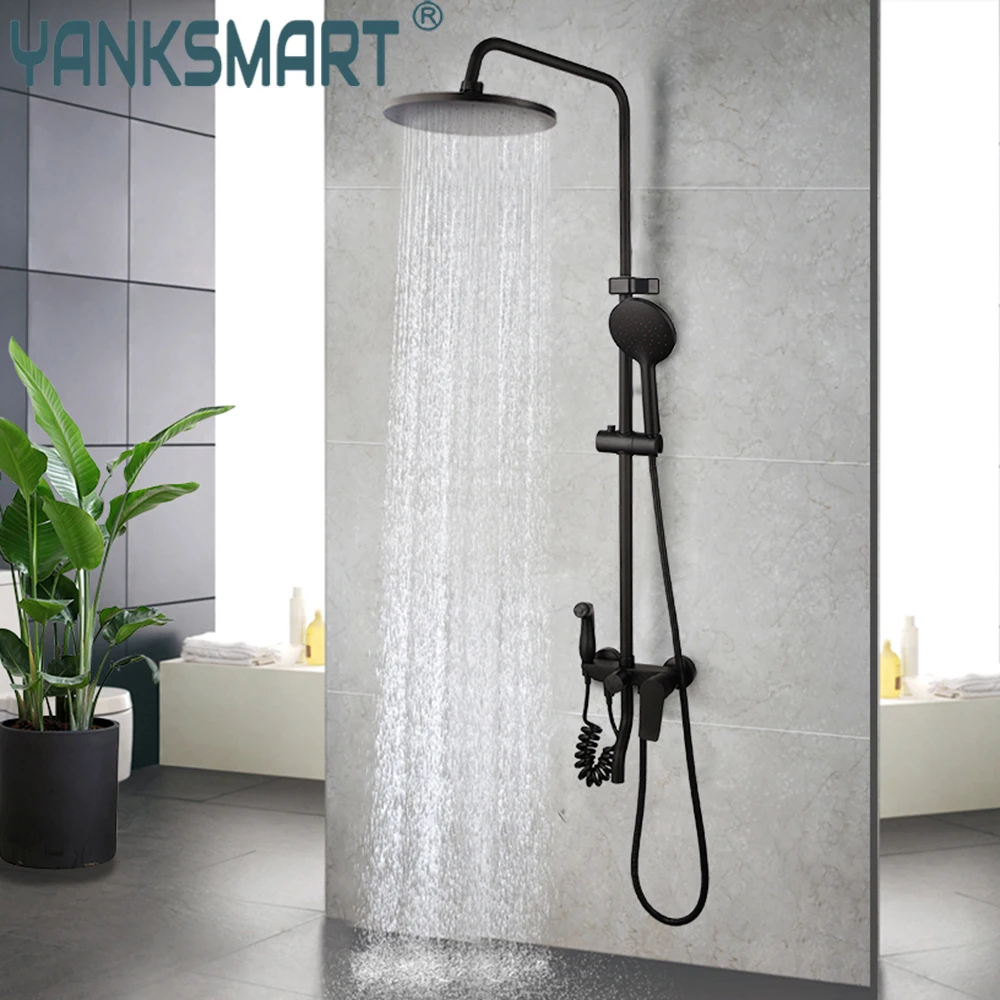 

YANKSMART Matte Black Rainfall Bathroom Shower Faucet Wall Mounted Bathtub Shower Mixer Water Tap Bath Shower Faucet Combo Kit