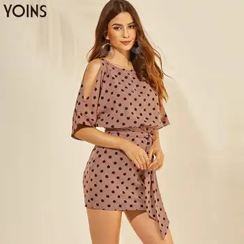 

YOINS Women Dress Summer Autumn Polka Dot Off Shoulder Drawstring Waist Mini Dresses Sexy Party Vestidos Sundress Streetwear OL