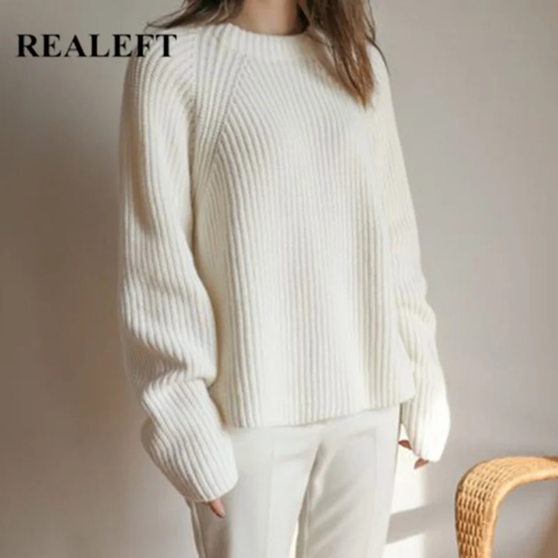 REALEFT/осенне-зимние женские свитера с длинными рукавами и круглым вырезом