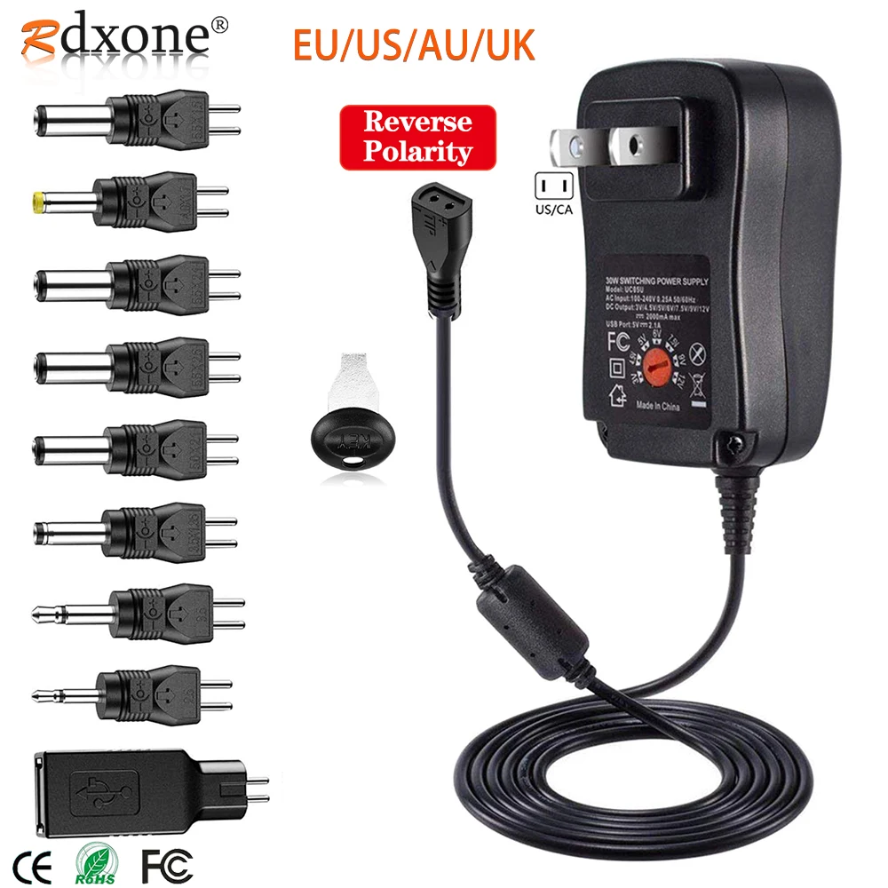 30W Universal AC Adapter Reversible Polarity Multi Voltage DC Power Supply, With 9pcs Adaptor Tips, Compatible With 3V to 12V
30W Universal AC Adapter Reversible Polarity Multi Voltage DC Power Supply, With 9pcs Adaptor Tips, Compatible With 3V to 12V