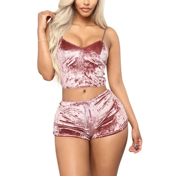 Fashion 2020 Women 2pcs Velvet Sleepwear Sexy Spaghetti Strap Shorts Pajama Set Tendy Ladies Sleepwear female Pink Red Black New 
Fashion 2020 Women 2pcs Velvet Sleepwear Sexy Spaghetti Strap Shorts Pajama Set Tendy Ladies Sleepwear female Pink Red Black New