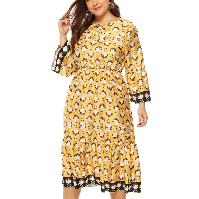 

Autumn and winter women's large size 5XL - 9XL autumn leaves plant printing long-sleeved waist ruffled pleated dress bust 135CM