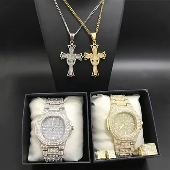 Luxury Men Gold Silver Color Watch Hip Hop Men Watch & Necklace & Ring&Earrings Combo Set Ice Out Cuban Hip Hop Necklace For Men
Luxury Men Gold Silver Color Watch Hip Hop Men Watch & Necklace & Ring&Earrings Combo Set Ice Out Cuban Hip Hop Necklace For Men