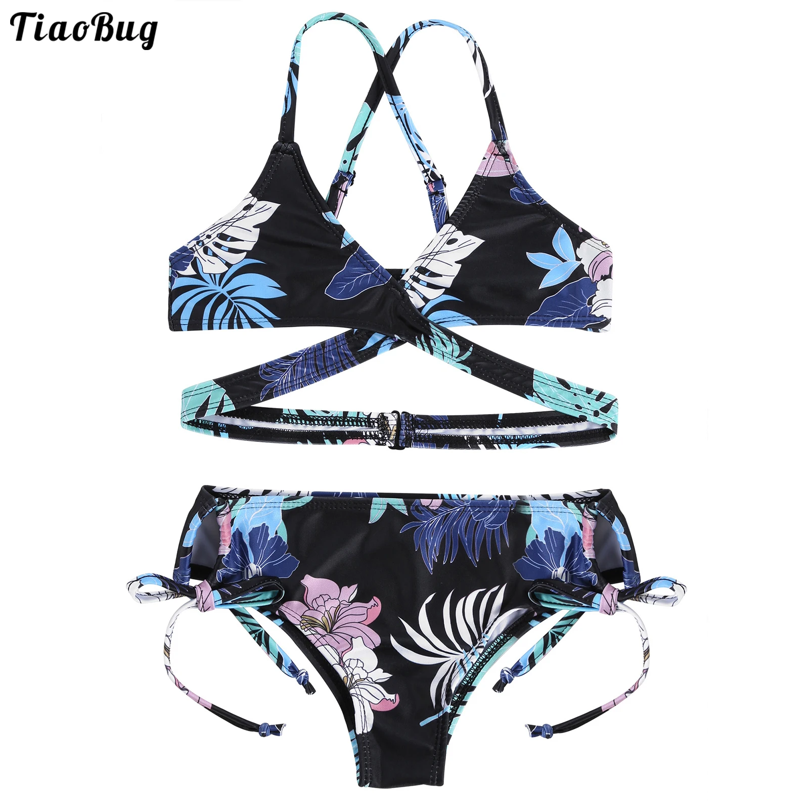 

TiaoBug Fashion Kids Girls 2Pcs Floral Print Bikini Swimsuit V Neck Adjustable Straps Criss Cross At Rear Triangle Bra Brief Set