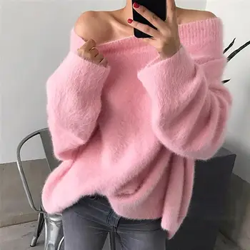 2019 Autumn Women's Slash Neck Sweaters Casual Korean Style Weed Fake Mink Cashmere Sweaters Solid Loose Sweaters Tops
2019 Autumn Women's Slash Neck Sweaters Casual Korean Style Weed Fake Mink Cashmere Sweaters Solid Loose Sweaters Tops